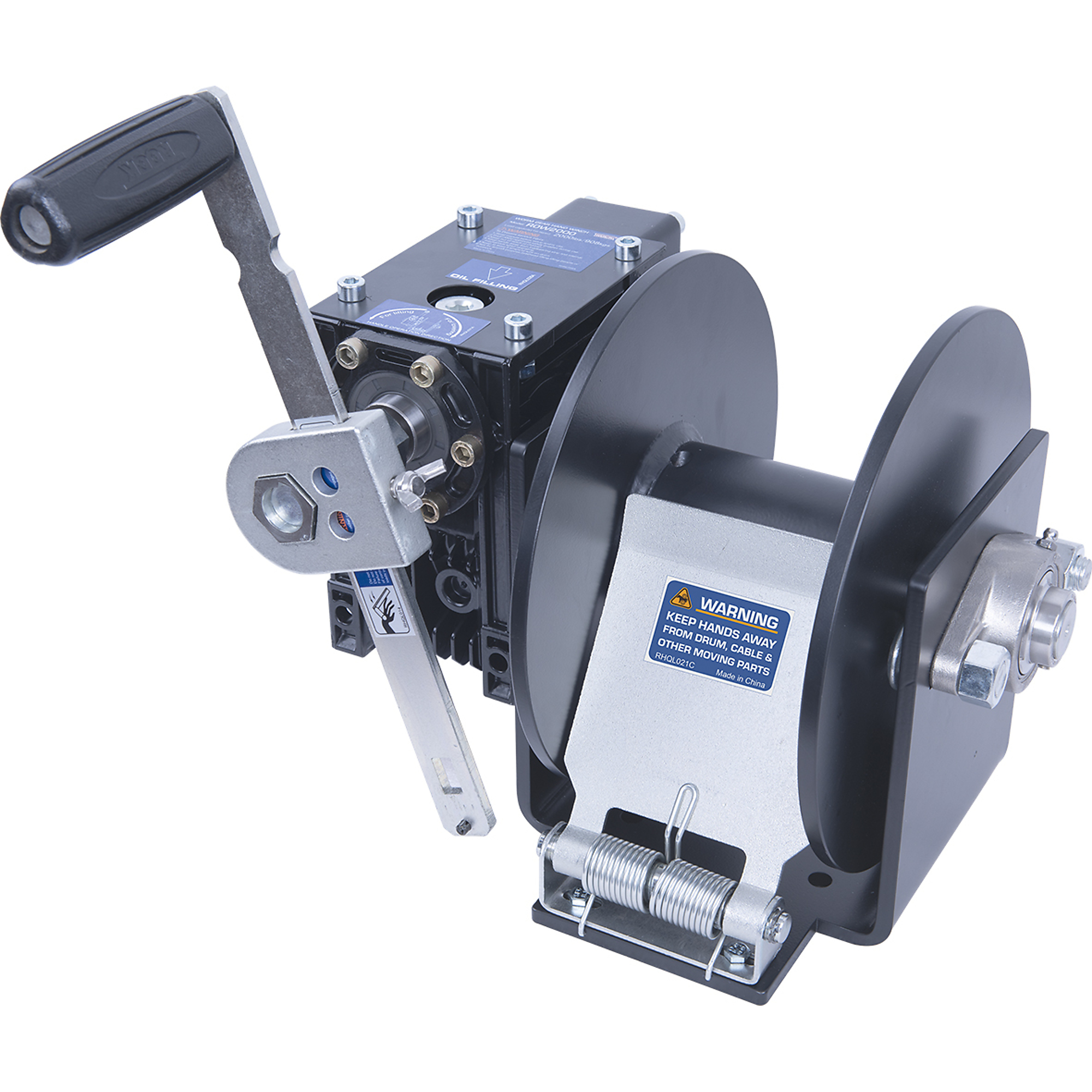 Endurance Marine Model No. ROW2000-06A, Bare Drum, pulling capacity 2,000 lbs. Adjustable handle. Bare Drum, drum dia.80mm. Flange dia.250mm. Stainless Steel bearing seat, color: black